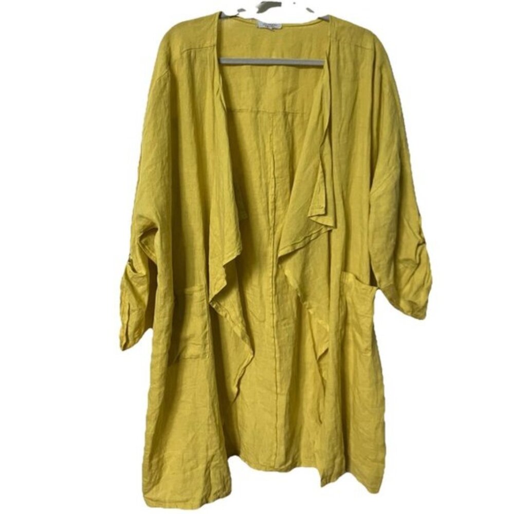 Lea Rigoli Linen Cardigan Womens 1x Chartreuse Yellow Open Front Waterfall